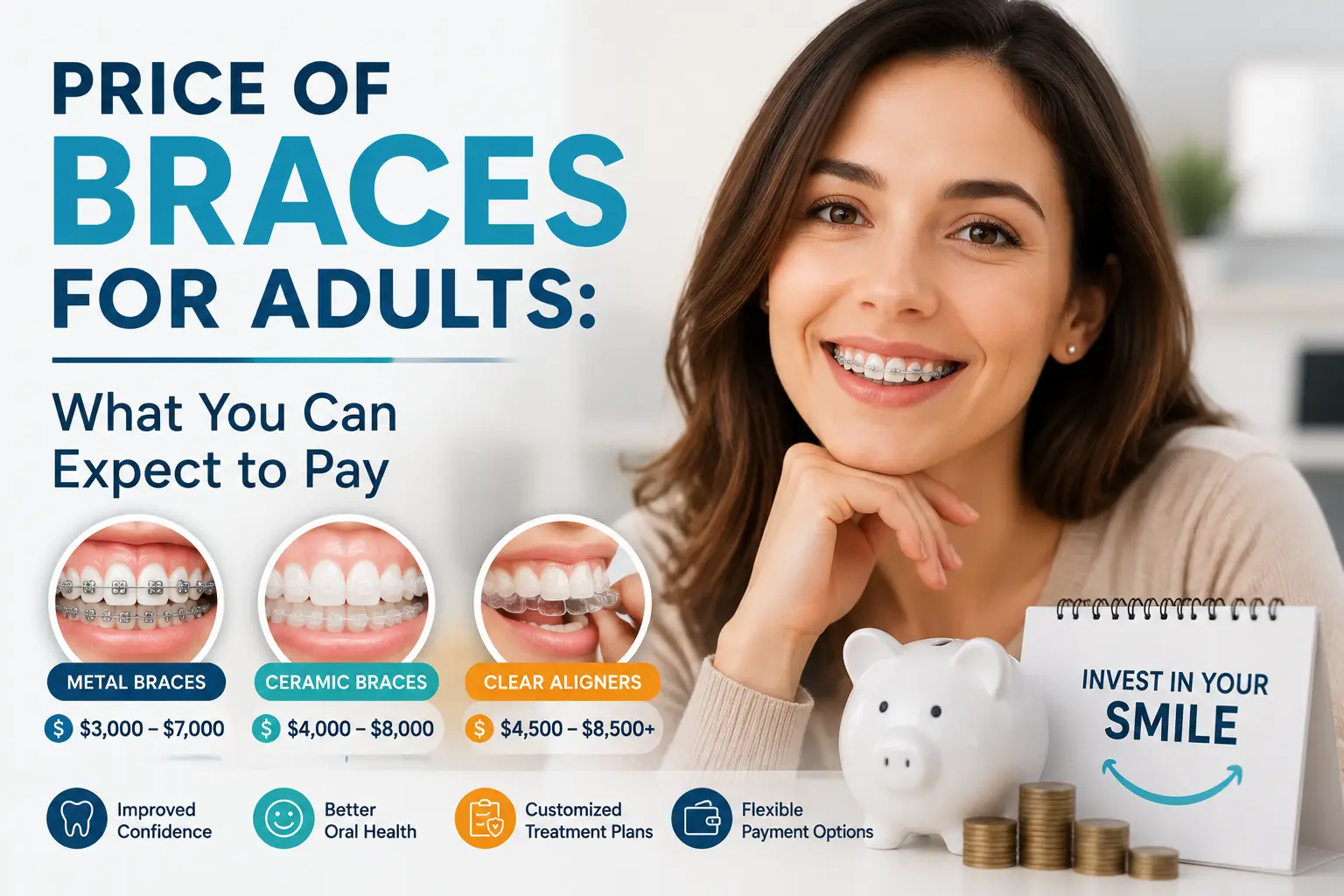 Adult patient wearing braces with infographic showing metal braces, ceramic braces, and clear aligner costs and payment options